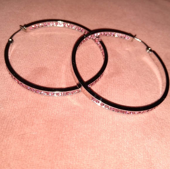 Pink Rhinestone Silver Hoop Earrings Crystal Channel Hoops Sparkling Rhinestones - Picture 14 of 14